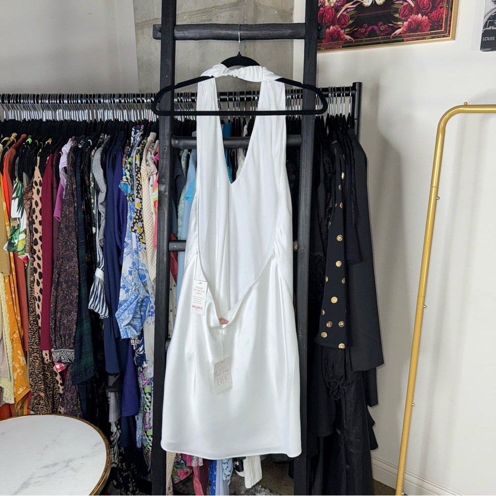 Show Me Your Mumu Jasmine Halter Mini Dress Ivory Luxe Satin Womens XL New NWT - Picture 15 of 17